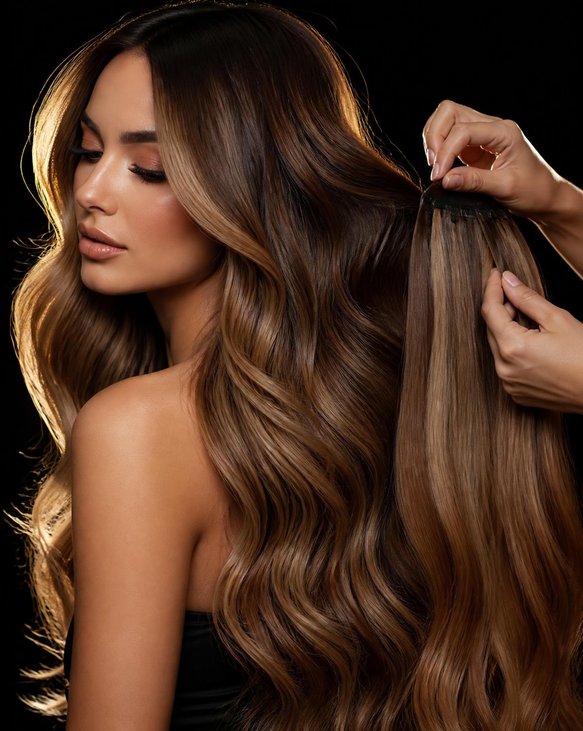 Long luxurious hair extensions being placed and blended by a stylist