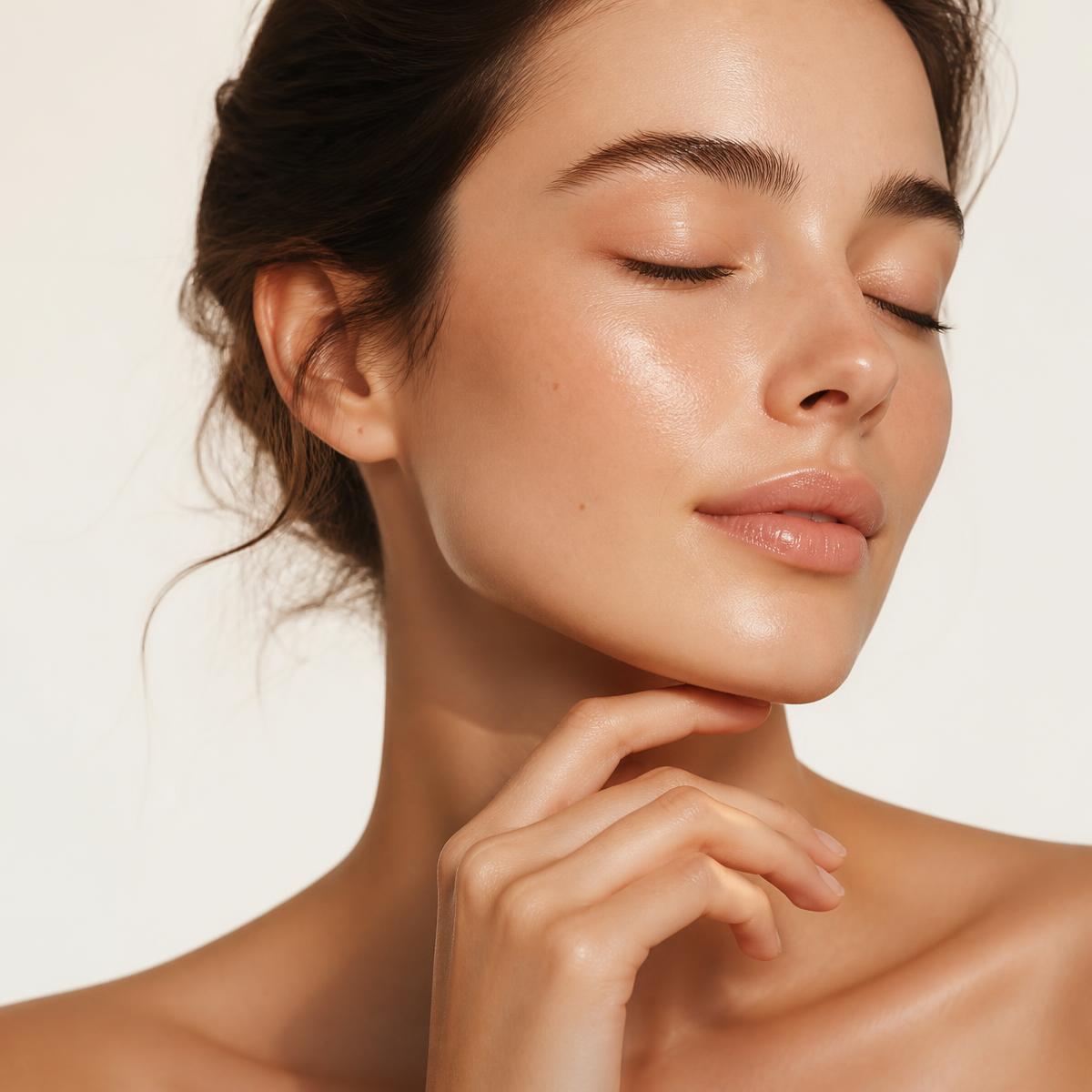Close-up of luminous, freshly cared-for skin in soft ivory light