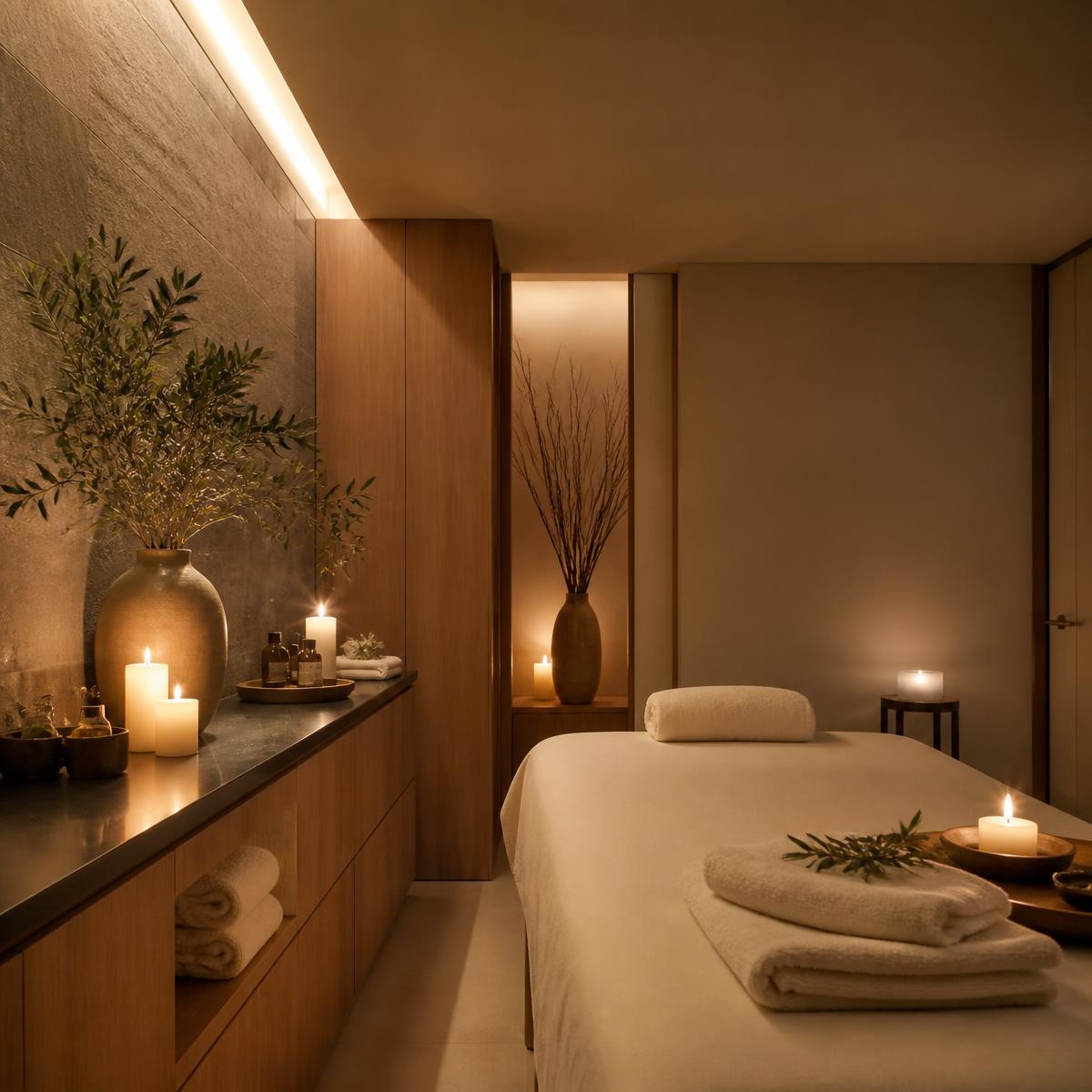 Serene candle-lit massage room with folded ivory towels