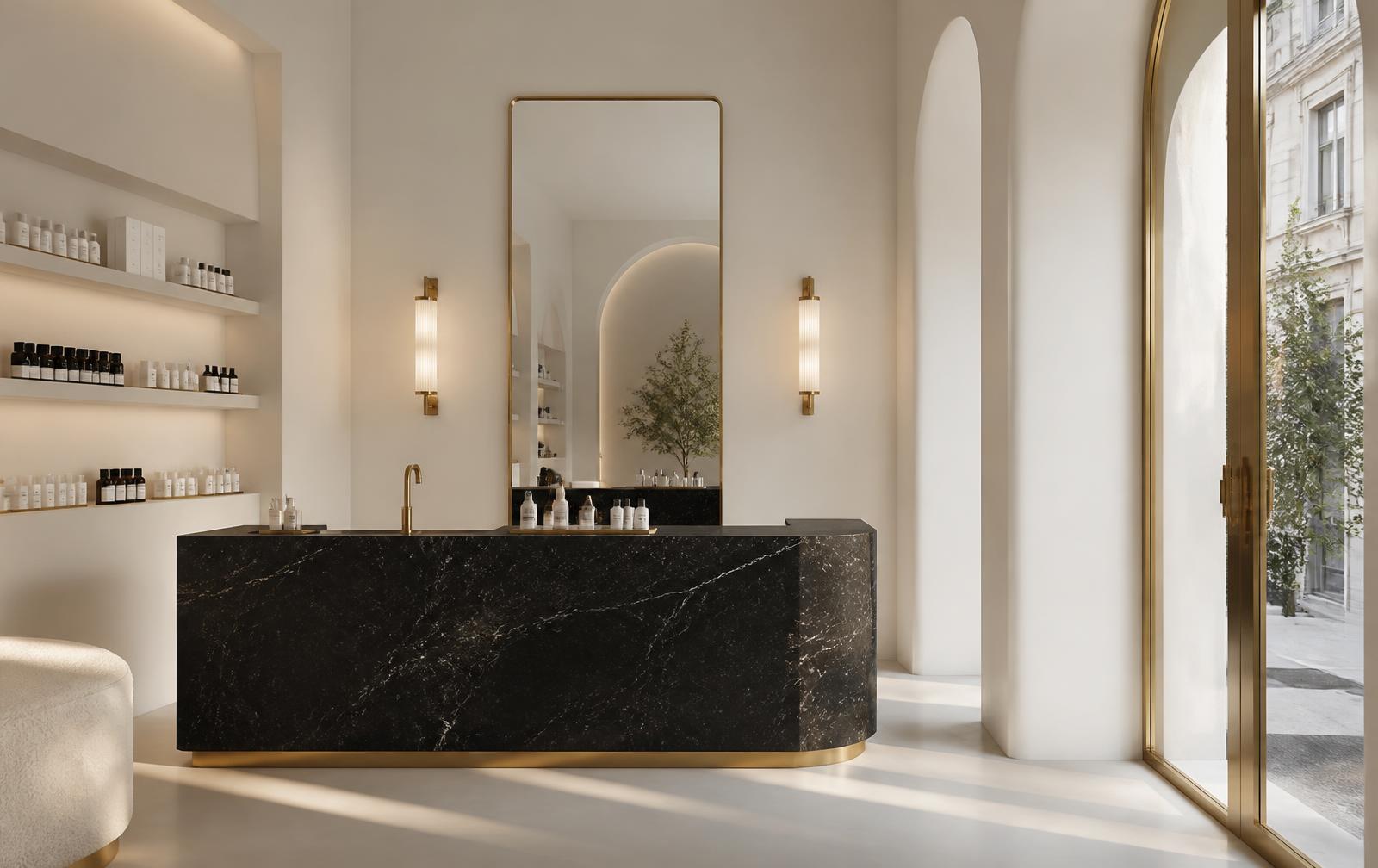 Warm, minimal interior with brass details and soft daylight